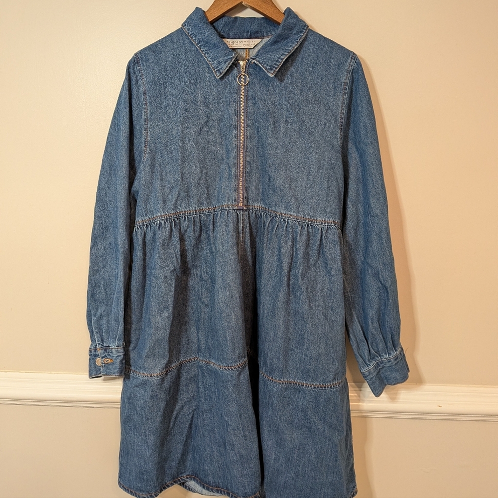 Primark Blue Denim Zip-Front Dress 100% Cotton Natural Fibers